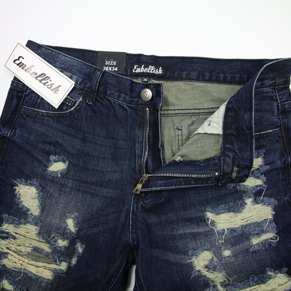 Embellish NYC Speciale Ripped Distressed Destroyed indigo Jeans Mens 36 Blue - Picture 3 of 7